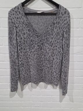 Equipment Grey Leopard Print V-Neck Long Sleeve Sweater